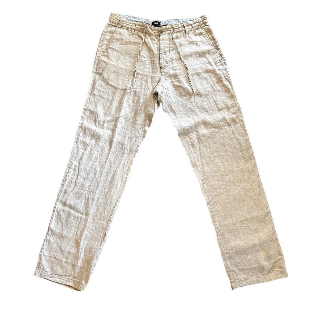 H&M Mens 100% Linen Pants Beige Oatmeal Drawstring Straight Leg Trousers 34R